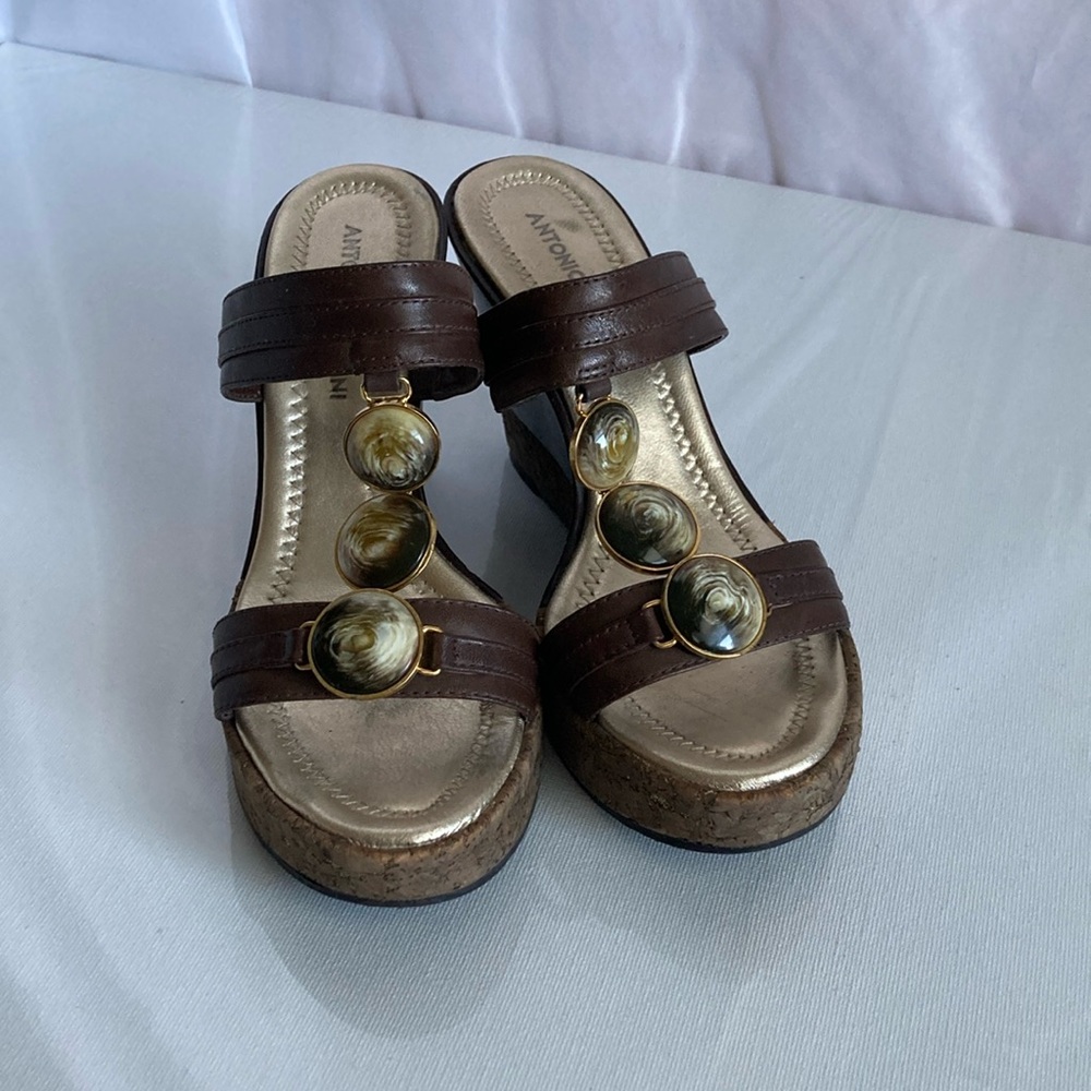 ANTONIO MELANI Brown Cork Wedge Sandals with Decorative Medallions